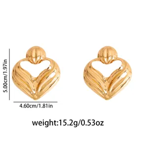 Gold-toned statement hollow-out heart leaf metal stud earrings, detailed size and weight specs.