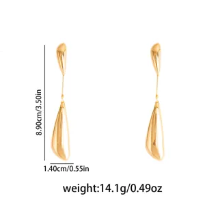 Detailed view of long gold geometric teardrop earrings, showing dimensions and weight specs clearly.