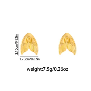 Gold stainless steel geometric leaf earrings detail showing dimensions and weight specs.