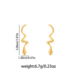 Gold abstract wave metal earrings, unique geometric drop design, lightweight chic daily jewelry.