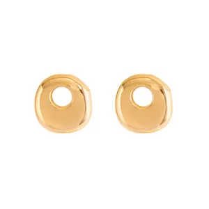Gold geometric hollow irregular stud earrings, minimalist metallic fashion jewelry details.