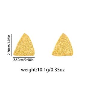 Stainless steel geometric textured triangular stud earrings detail showing size and weight specs.