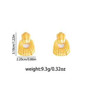 Vintage retro gold geometric statement earrings with detailed size and weight specs.