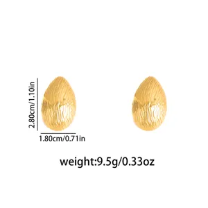 Gold textured oval metal stud earrings, stainless steel style, 2.8cm size, 9.5g weight.