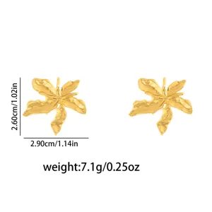 Gold stainless steel leaf stud earrings with detailed dimensions and weight specifications.