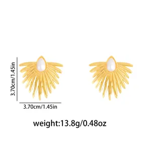 Gold Sunburst Pearl Earrings Vintage Metal Leaf Drop Earrings Geometric Jewelry Gift