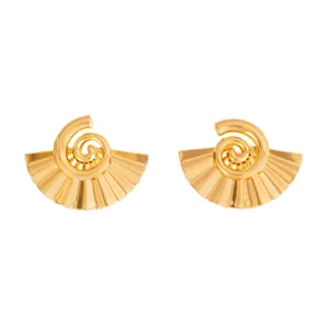Gold metal earrings featuring a unique fan-shaped and spiral design for women daily.