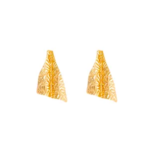 Exquisite detail view of golden hollow geometric leaf earrings with vintage textured style.