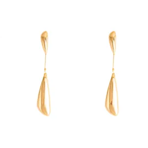 Detailed view of long gold geometric hollow leaf earrings, vintage metal drop jewelry design.