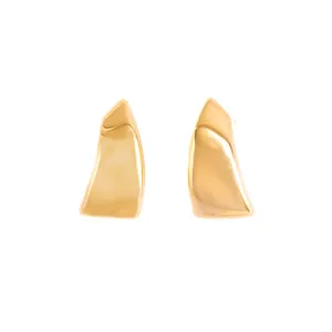 Detailed view of abstract irregular geometric gold metal stud earrings, minimalist chic.