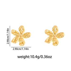 Stainless steel retro metal flower stud earrings with unique texture, chic design for daily wear.