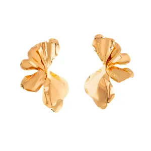 Gold metal leaf earrings, abstract geometric ear studs detail shot, chic retro jewelry style.