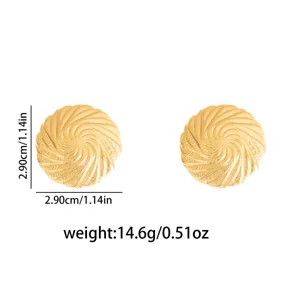 Retro gold flower metal stud earrings with dimension and weight details for women fashion.