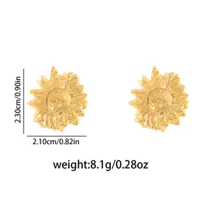 Gold sunflower stud earrings for women, vintage metal floral geometric ear jewelry 8.1g