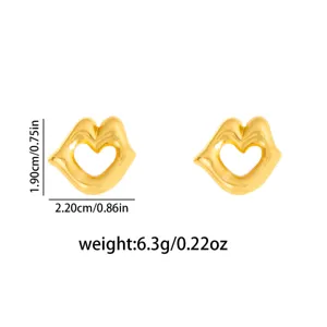 Gold metal heart lip stud earrings detail view, showcasing accurate size and weight specs.