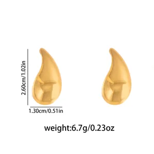 Gold teardrop stud earrings dimension and weight detail view, stylish minimalist metal jewelry.