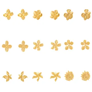 Golden stainless steel flower stud earrings set, retro metal floral jewelry for women daily.