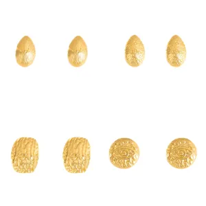 Close-up of retro gold textured stud earrings set, geometric and unique patterns detail.