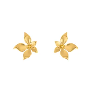 Gold metal flower stud earrings, unique vintage geometric leaf design for women fashion.