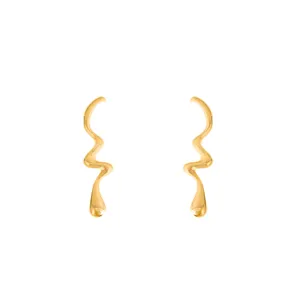 Unique golden abstract wave metal earrings, elegant drop design for daily wear and party.