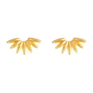 Gold leaf cluster earrings detail, geometric metallic fan design, chic niche fashion jewelry.