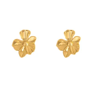 Gold plated stainless steel flower stud earrings retro metal fashion jewelry for women