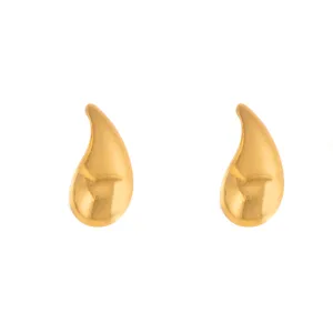 Detailed closeup of minimalist gold teardrop geometric leaf stud earrings, elegant chic design.
