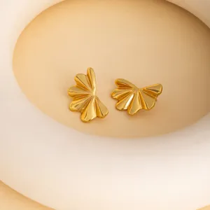 Exquisite gold stainless steel geometric leaf earrings, chic retro niche fashion style.