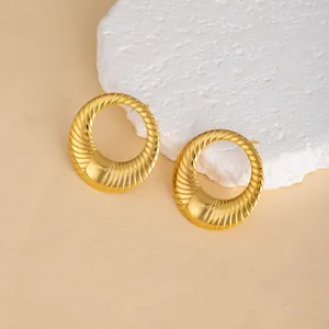 Chic 18k gold plated stainless steel ribbed geometric hoop earrings for women, vintage statement.