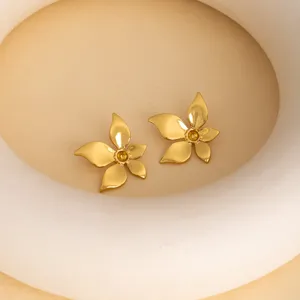 Gold stainless steel flower stud earrings retro botanical indie jewelry chic minimalist design