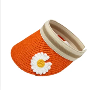 Kinder Sommer Sonnenblende Strohhut mit süsser Gänseblümchen Blume, orange Strandkappe für Mädchen.