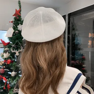 White knit beret detail view, lightweight breathable mesh design, stylish spring summer accessory.