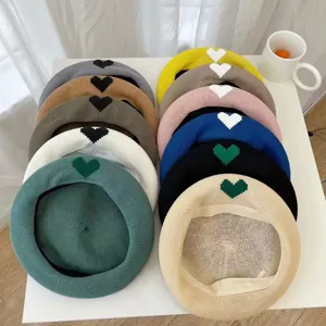 Women breathable mesh knit beret hat with pixel heart pattern spring summer colorful painter cap