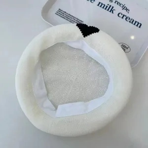 White knitted beret for women, spring summer breathable mesh painter hat with black heart.