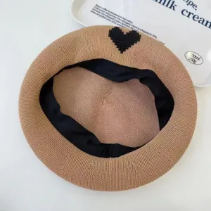 Women knitted beret spring summer breathable mesh retro painter hat with cute black heart design.