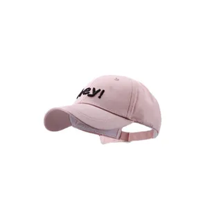 Detailed close-up view of the cute pink baby baseball cap with black embroidery.