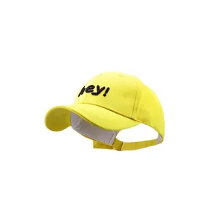 Yellow baby baseball cap featuring embroidered hey text design for summer outdoor infant wear.