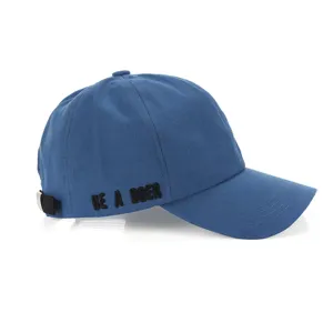 Blue baseball cap with embroidered side letter design, casual hard-top style for daily wear.