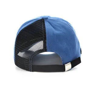 Blue and black mesh trucker baseball cap with adjustable strap and metal buckle detail.
