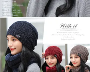 Winter thermal thick knitted hat and scarf set for women and men, windproof fleece lined beanie.