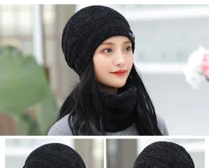 Women winter warm knit hat and scarf set, thick fleece lined windproof black cap for cold weather.