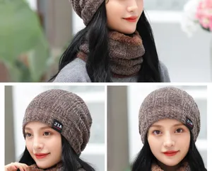 Thick knitted winter beanie and scarf set for women, warm fleece lined casual thermal cap design.