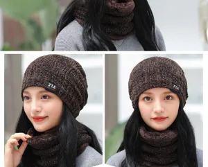 Winter warm knitted beanie hat and fleece lined scarf set for men and women windproof thick.