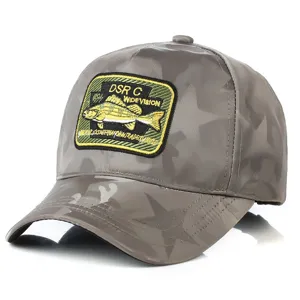 Outdoor camo baseball cap with embroidered fish patch stylish streetwear sun hat for men
