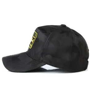 Side view of black camo baseball cap with yellow patch, outdoor casual streetwear hat.