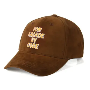 Detailed view of the brown suede baseball cap with stylish embroidered text design for casual wear.