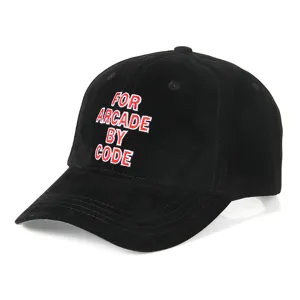 Close-up detail of the black velvet baseball cap featuring custom red embroidered lettering.