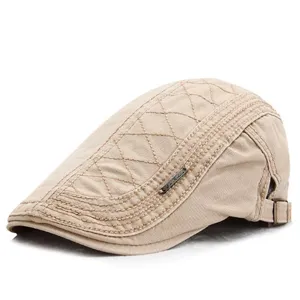 Men's Classic Khaki Flat Cap British Style Newsboy Beret Hat with Quilted Pattern and Metal Accent