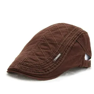 Mens brown flat cap casual vintage ivy beret hat with quilted stitching design main view