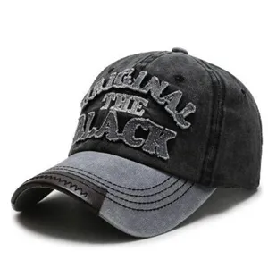 Distressed washed cotton baseball cap with embroidered lettering and curved brim for daily wear.